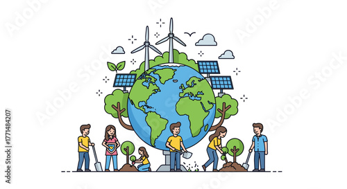 People planting trees and embracing renewable energy like solar panels and wind turbines for a sustainable future