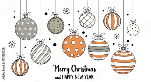 Christmas Ornaments Festive Greeting with Hanging Baubles and Holiday Wishes for Celebration