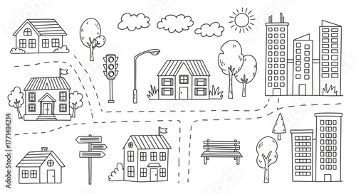 Doodle cityscape builder kit with hand-drawn houses, buildings, and street elements. A vector illustration set for map creation