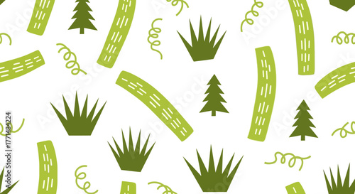 Green nature pattern featuring grass, trees, and design elements for seamless background