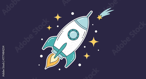 Rocket Ship Launching into Space Amidst Stars and a Comet Trail