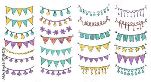 A colorful set of hand-drawn vector party garlands, bunting banners, and string light decorations for festive celebrations and holiday designs
