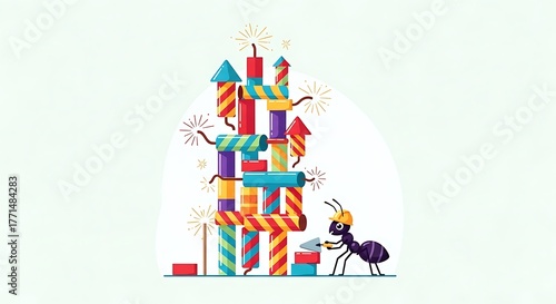 An illustrated construction scene shows an ant building a tower with colorful, cylindrical firework blocks. Sparks burst