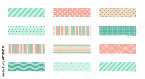 Set of cute pastel washi tape strips with different geometric patterns. Vector adhesive tape collection for scrapbooking, journaling, and decorative graphic design projects