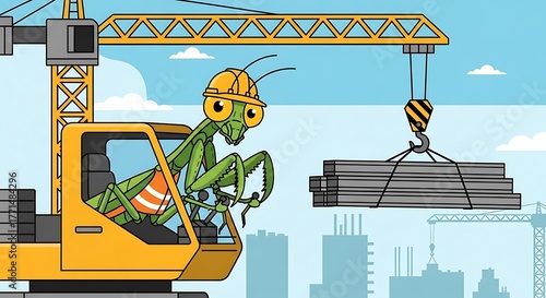 An illustrated construction scene shows a large praying mantis operating a yellow crane lifting building materials. Sky and structures in background