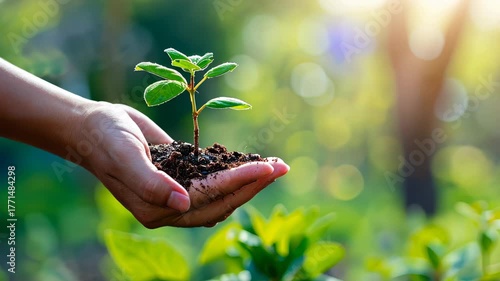 Growing a new plant in the garden with careful hands in bright natural light