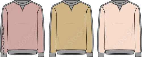 Technical flat sketch of a long-sleeved V-neck sweatshirt. Design features ribbed cuffs and hem, presented in three muted color variations for apparel design templates