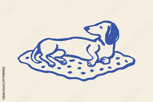dachshund dog lying on rug doodle hand drawn sketch vector illustration