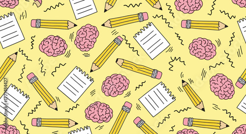 Creative thinking and education concept. Vector seamless pattern with cartoon brains, pencils, and notebooks on a yellow background