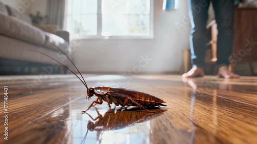 Man spraying insecticide on a cockroach crawling across a wooden floor during pest control at home.