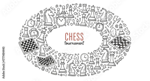 Doodle style background with chess pieces, board, and clock arranged in a horizontal oval frame for a tournament concept