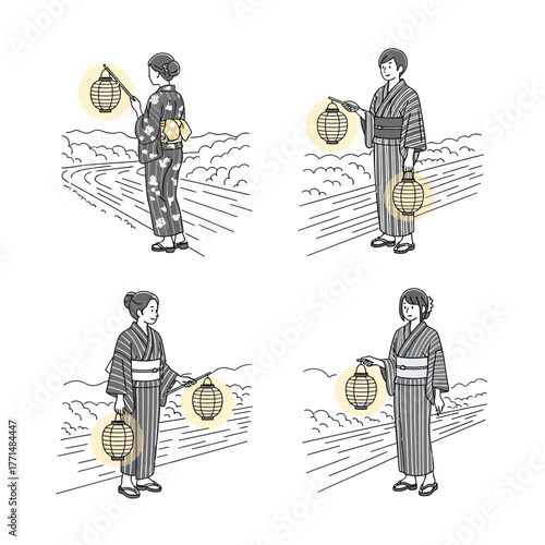 Four women in traditional Japanese attire holding illuminated lanterns, depicted in a simple illustration.