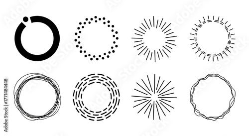 Collection of eight hand-drawn circular frames and borders. Set of graphic design elements including scribble, sunburst, and dotted line circles