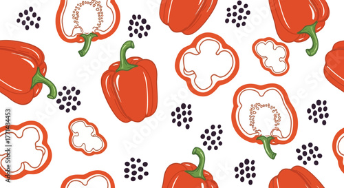 Seamless Red Bell Pepper Pattern with Seed Accents for Food-Themed Designs