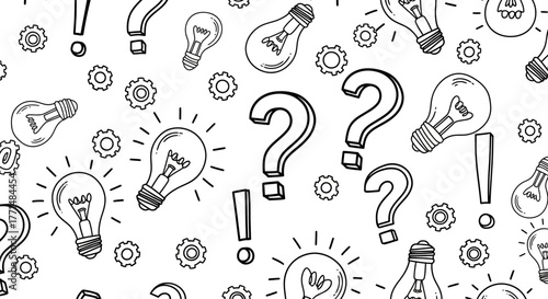 An abstract illustration of lightbulbs and question marks, symbolizing ideas and curiosity