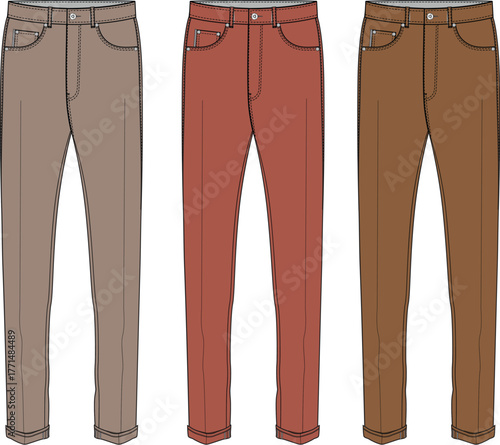 Collection of three pairs of fashionable trousers in different earthy tones and styles