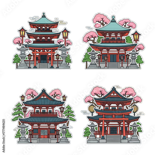 Four illustrations of Japanese temples and shrines, featuring traditional architecture, torii gates, lanterns, and cherry blossom trees.