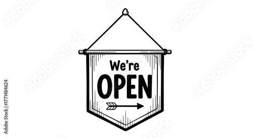 Hand-drawn 'We're Open' sign illustration on a hanging pennant banner. Vintage engraving style vector graphic for a shop or business