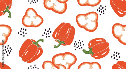 Vibrant red bell pepper seamless pattern illustration featuring whole and sliced fresh vegetables with playful black dot accents, ideal for culinary and healthy food designs