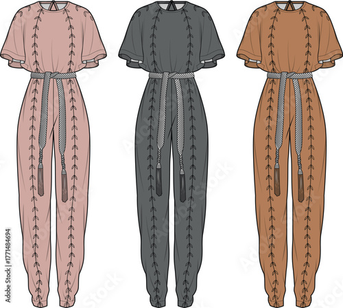 Fashion design technical flat illustration of a women's jogger jumpsuit with cape sleeves and tassel belt shown in three color options