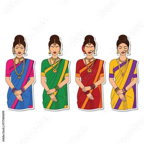 Four women in traditional Indian saris and jewelry stand with hands folded, each wearing a different color scheme.