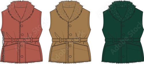 Vector illustration set of women's belted winter vests with faux fur collars. Fashion design technical flat sketch for apparel