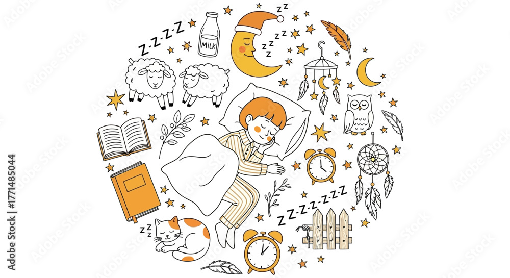 Obraz premium Dreamy Bedtime Icons Sleepy Boy Surrounded by Stars and Sheep