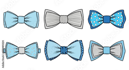 Collection of six stylish light blue and gray bow ties with different patterns and textures, perfect for fashion accessories and formal wear