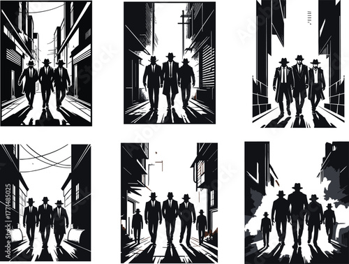 Noir style vector illustration, three men walking in alley, dramatic shadows, vintage suits, detective vibe, urban street scene, cinematic atmosphere, mystery concept