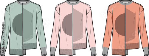 Contemporary long-sleeved knit sweater technical flat. Geometric color block design, asymmetrical hem, pastel colors, ideal for fashion apparel concepts