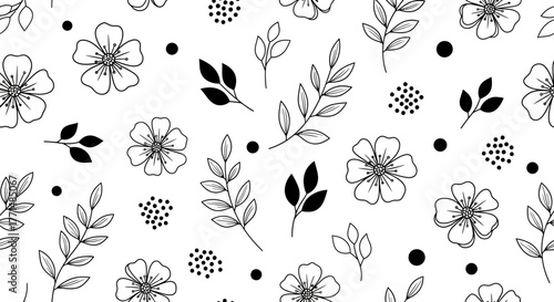 Elegant seamless floral pattern featuring intricate hand-drawn black and white outline flowers, botanical leaves, and decorative abstract dot elements on a clean white background,