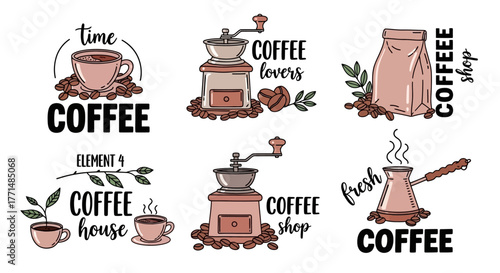 Set of stylish coffee shop elements, including a coffee cup, coffee beans, and a coffee grinder design
