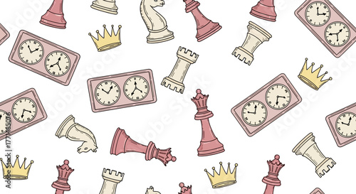 Hand-drawn doodle style chess game seamless pattern. Repeating background illustration with king, queen, rook, knight figures and a timer clock