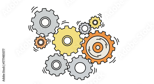 A hand-drawn graphic illustration of interlocking gears and cogwheels, representing a complex mechanical system and collaborative process