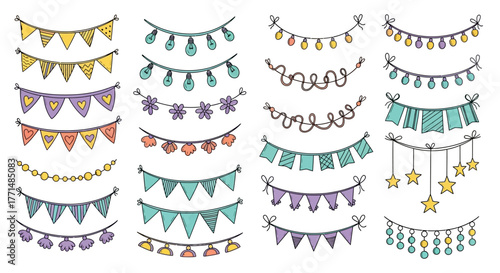 Festive Decorative Banners and Garlands Doodles Illustration Set