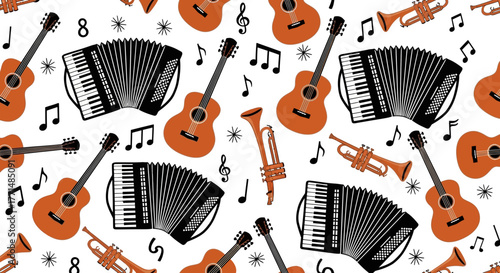 Seamless musical instruments pattern with accordion, guitar, trumpet, and musical notes on white background