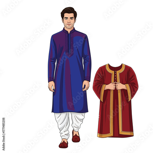A man in traditional Indian attire, with a separate garment displayed.