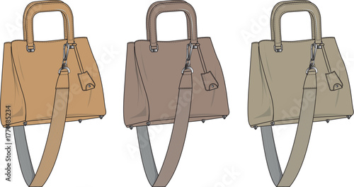 Vector technical drawing of a modern women's handbag in a set of three neutral color palettes. Fashion accessory illustration for designers and collections