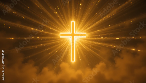Golden Cross Radiating Light in Cloudy Sky with Sparkles and Rays for Religious and Spiritual Themes