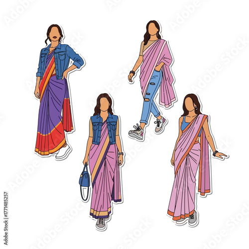 Illustrations showcase women in modern outfits featuring traditional Indian saris paired with denim jackets and jeans.