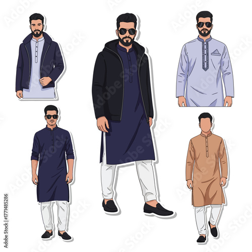 Five illustrations of men in various traditional South Asian outfits, showcasing different styles.