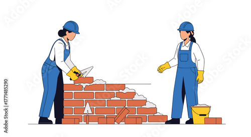 Skilled construction workers build brick wall together, teamwork and industry professionals creating structures with precision and care