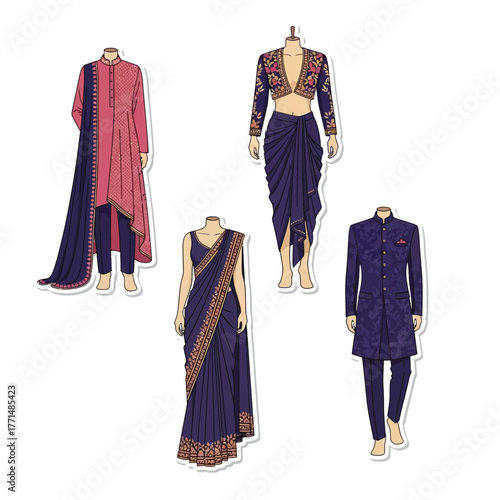 Illustration of four different traditional Indian outfits including a kurta, saree, and sherwani on mannequins.