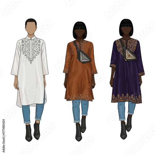 Three women wearing embroidered tunics and jeans, each with different colors and styles, against a white background.