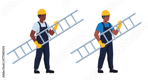 Skilled laborers carrying ladders ready for construction, maintenance, or home improvement projects, showing teamwork and readiness