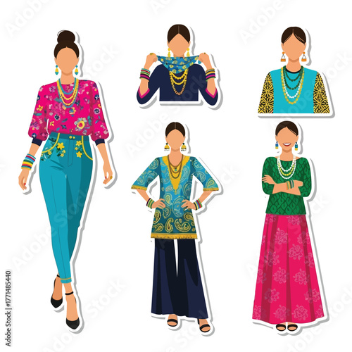 Collection of stylized Indian women in vibrant ethnic attire and traditional jewelry, showcasing various fashion styles.