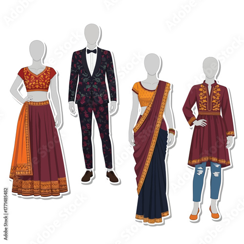 Four mannequins display traditional and modern Indian fashion, including a lehenga, suit, saree, and kurta with jeans.