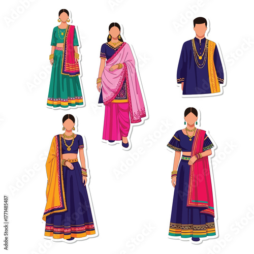 Illustration of five people wearing traditional Indian clothing, including saris, lehengas, and kurtas, in various colors.