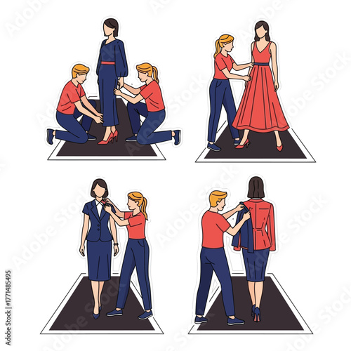 Stylists or tailors making precise adjustments to various outfits on models, ensuring a perfect fit for different garments.