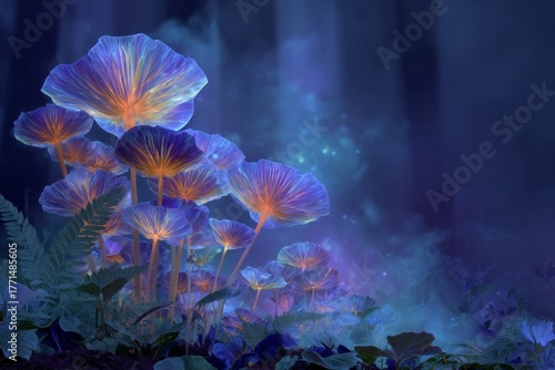 Purple and orange flowers. Blue background and stems. Generative AI